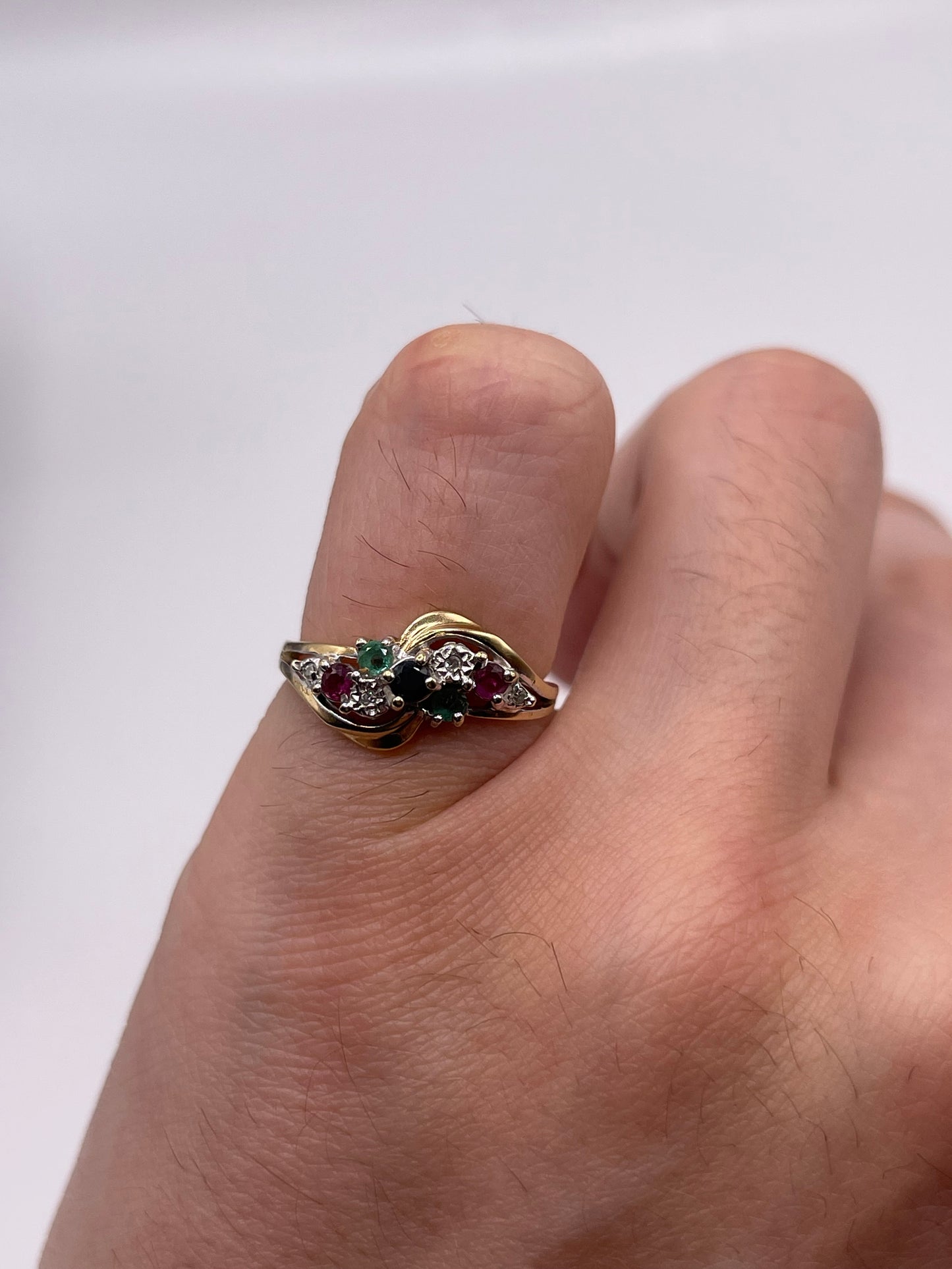 9ct gold ruby, sapphire, emerald and diamond ring