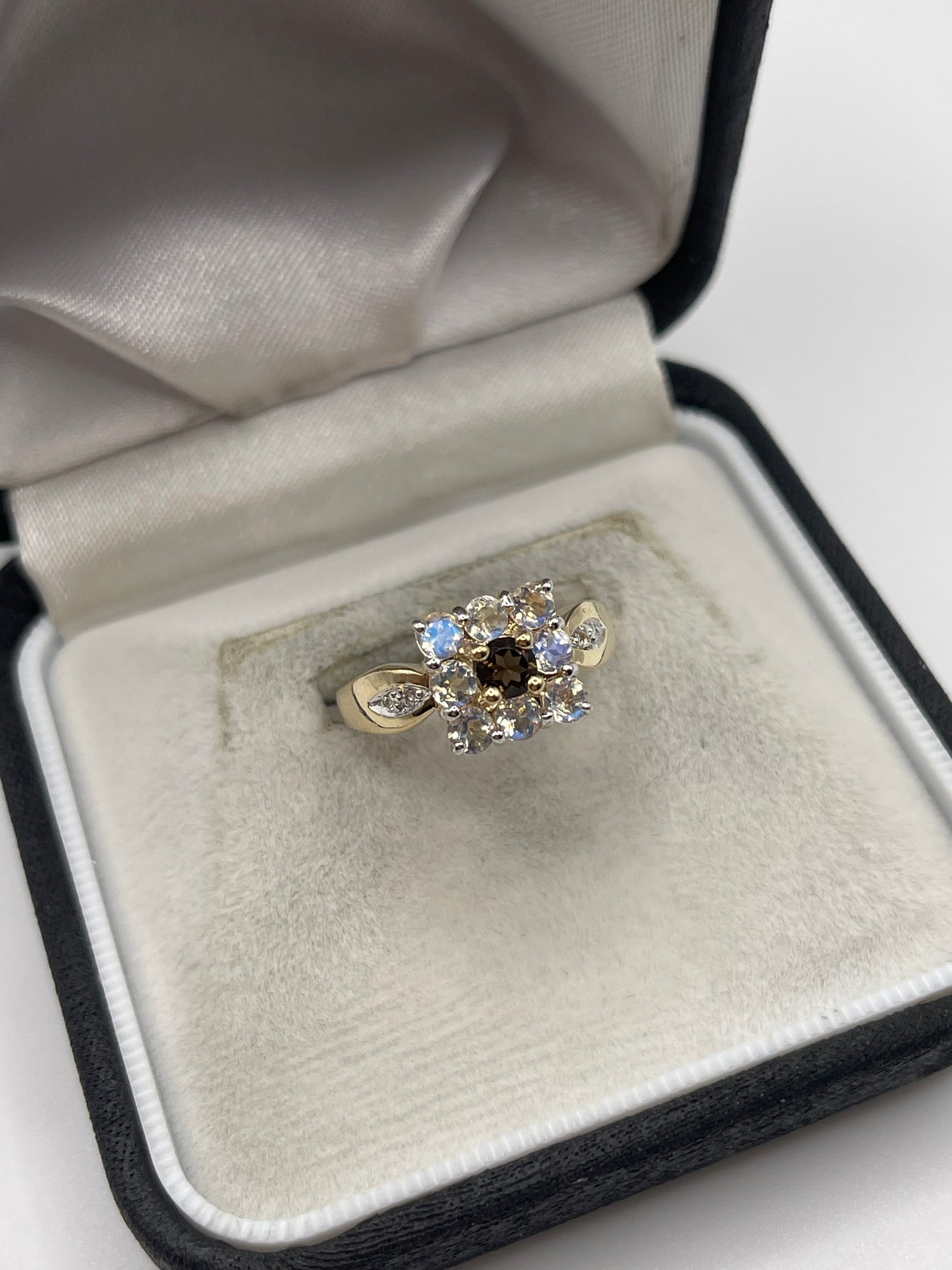 9ct gold Smokey quartz and rainbow moonstone ring
