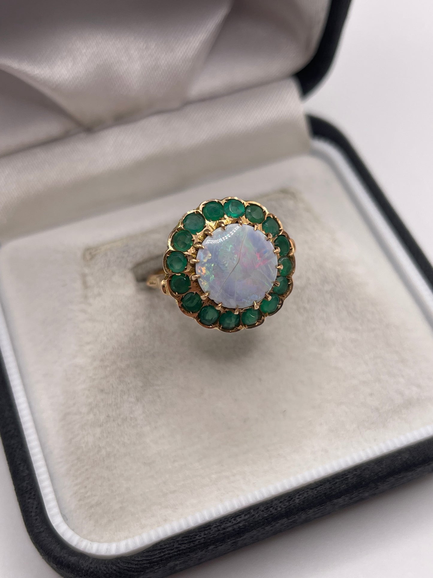 14ct rose gold black opal and emerald ring