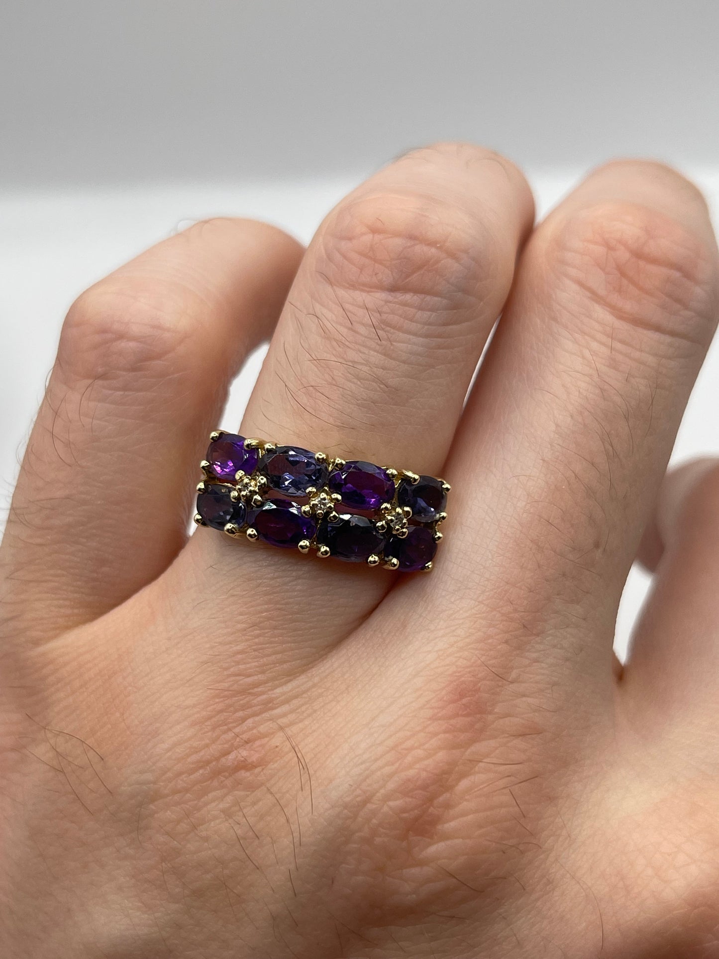 9ct gold amethyst, iolite and diamond ring