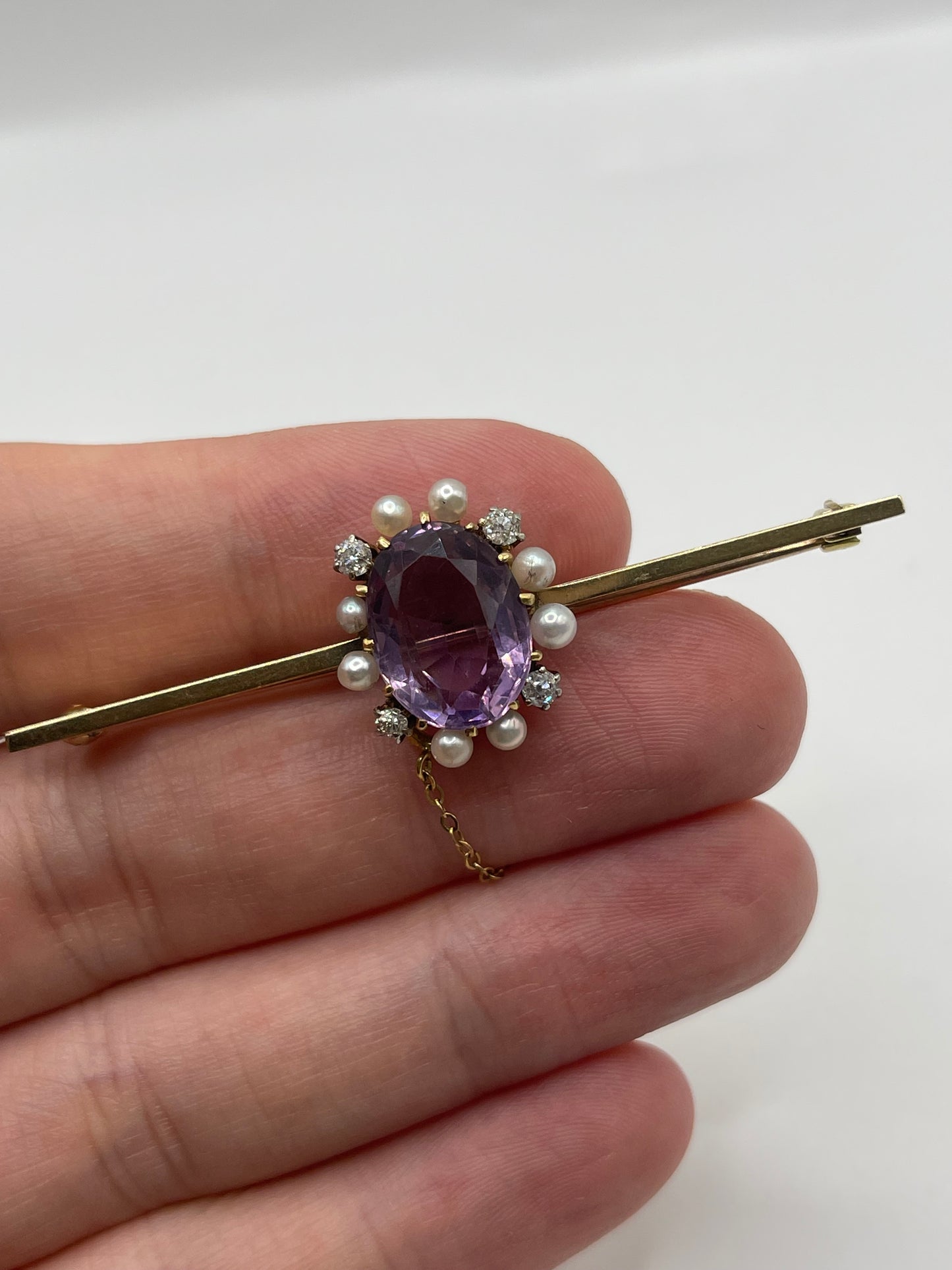 Antique 9ct gold amethyst, pearl and diamond brooch