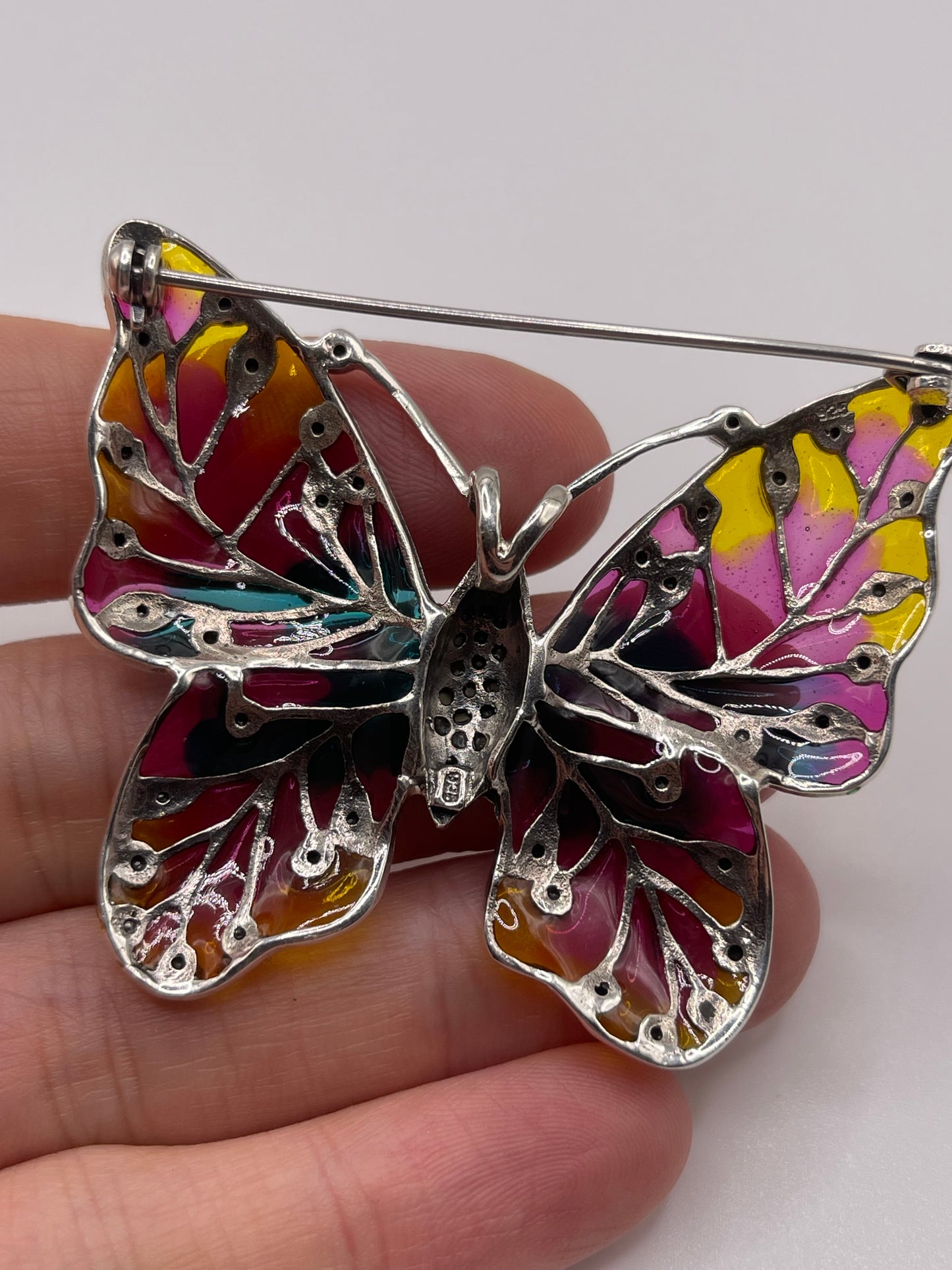 Silver enamel and marcasite butterfly pendant/brooch