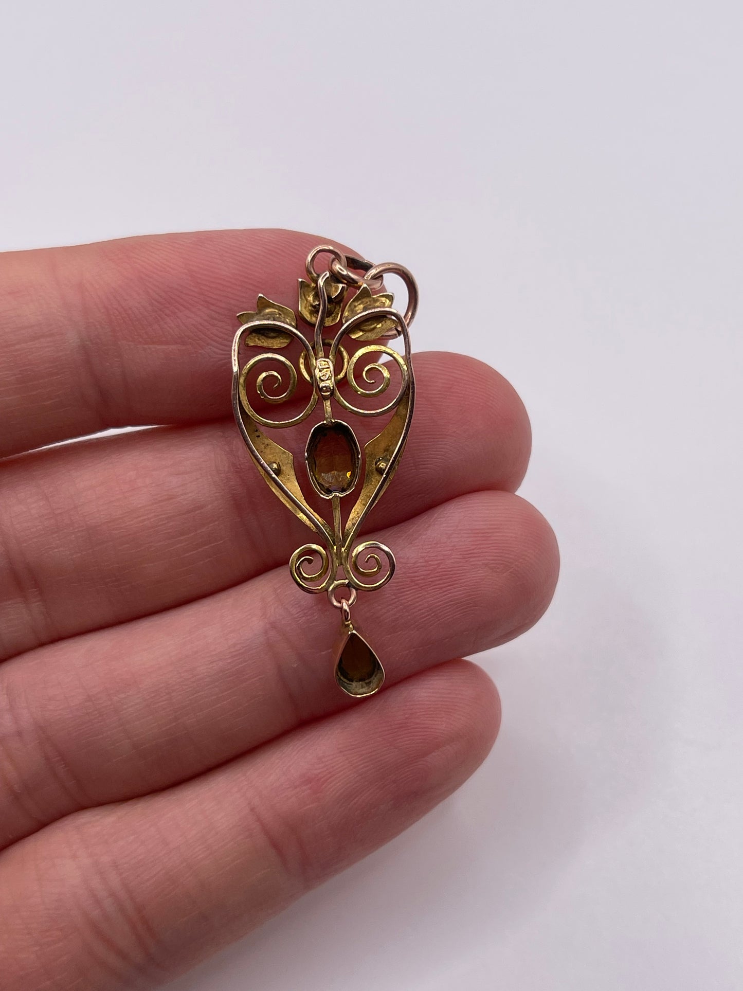 Antique 9ct gold peridot and pearl pendant