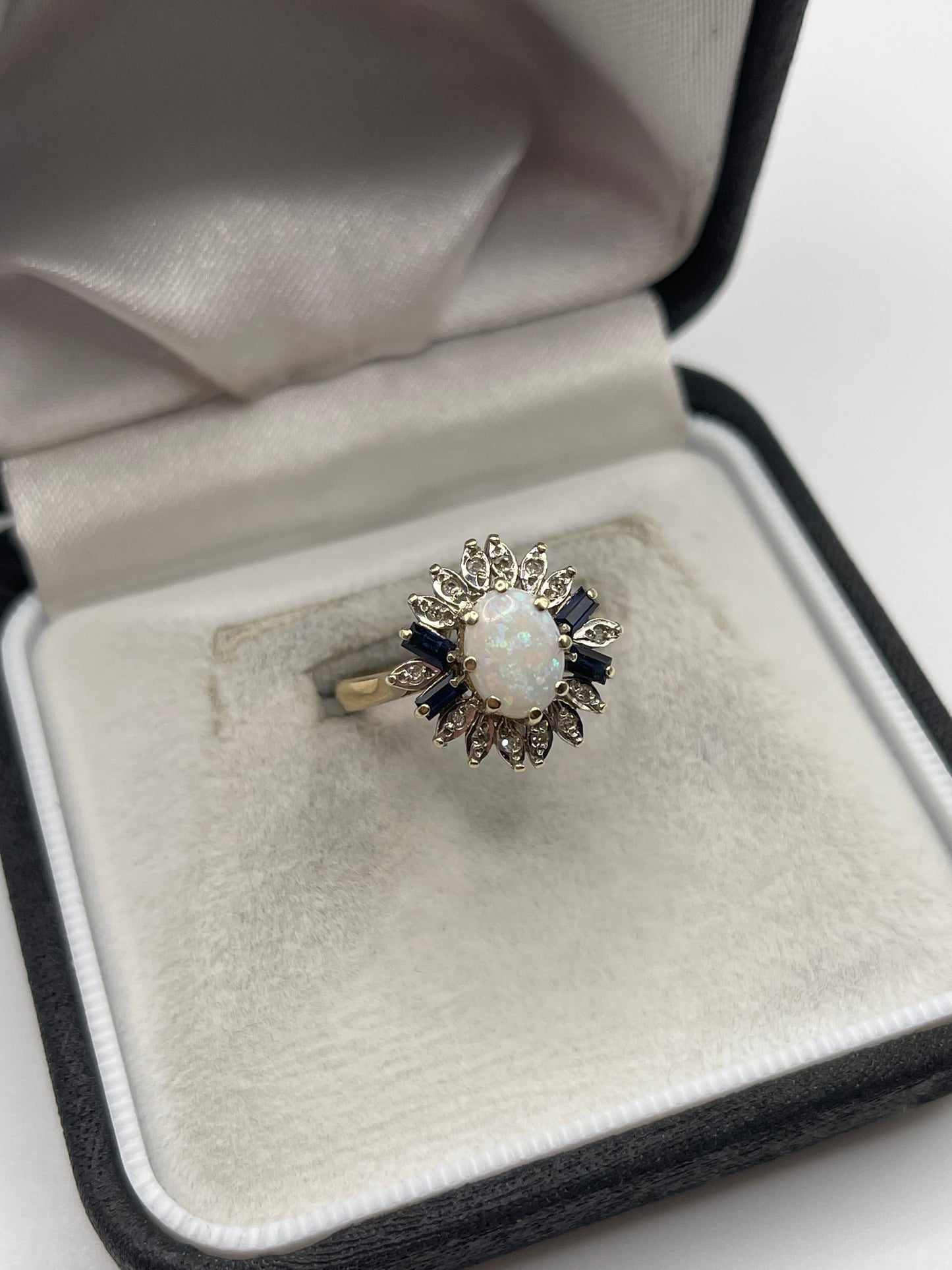 9ct gold opal, sapphire and diamond ring