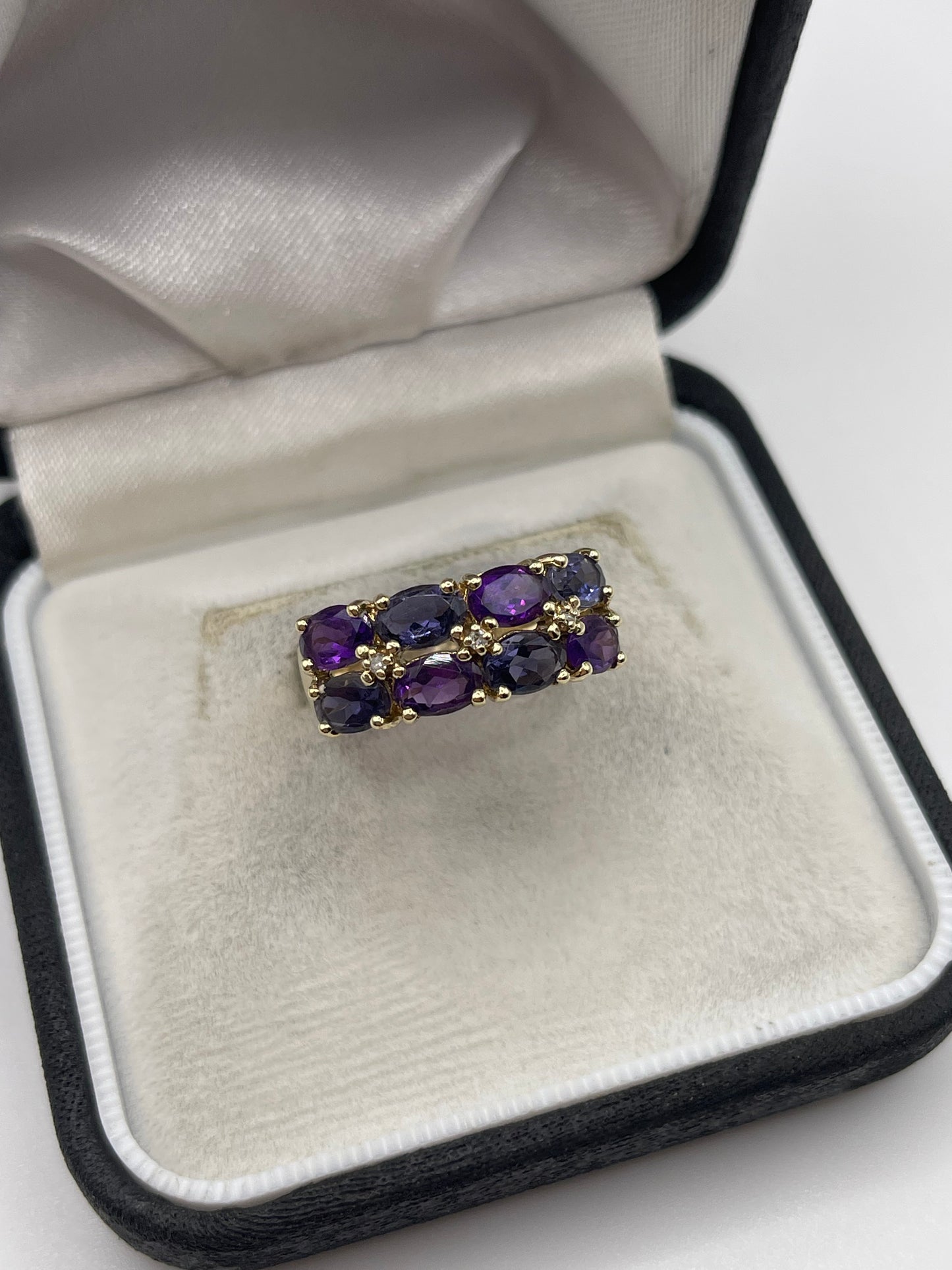 9ct gold amethyst, iolite and diamond ring
