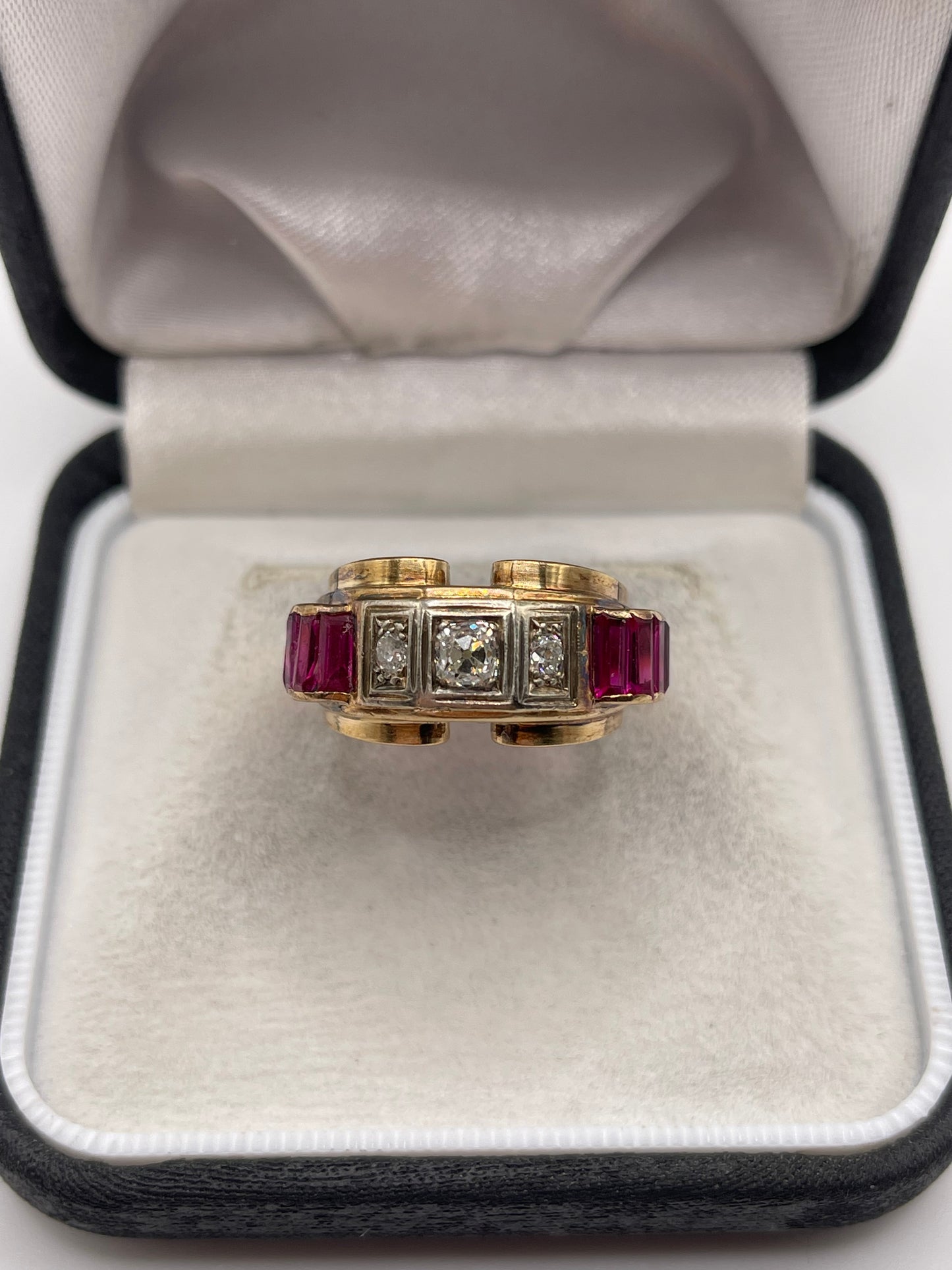 14ct gold synthetic ruby and diamond tank ring