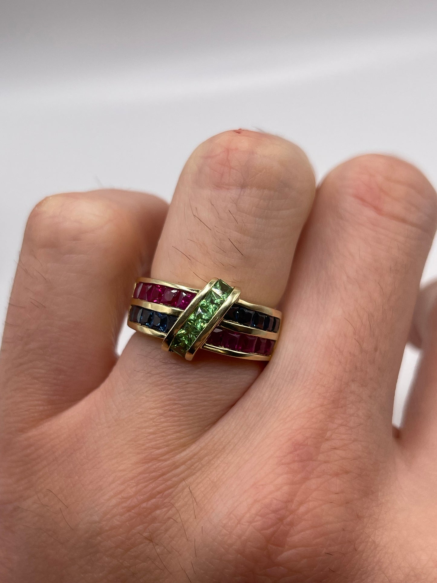 9ct gold ruby, sapphire and garnet ring