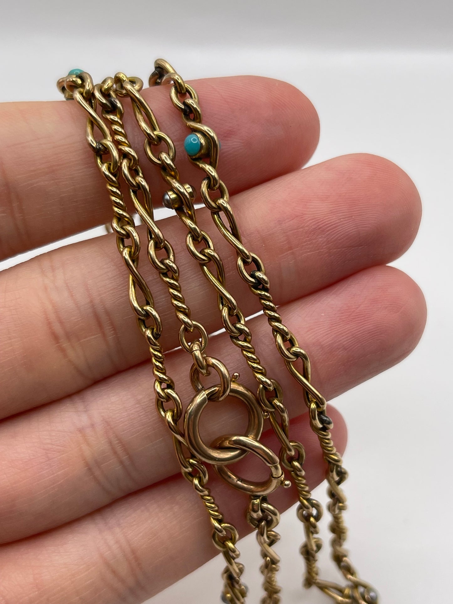Antique 9ct gold turquoise and pearl chain
