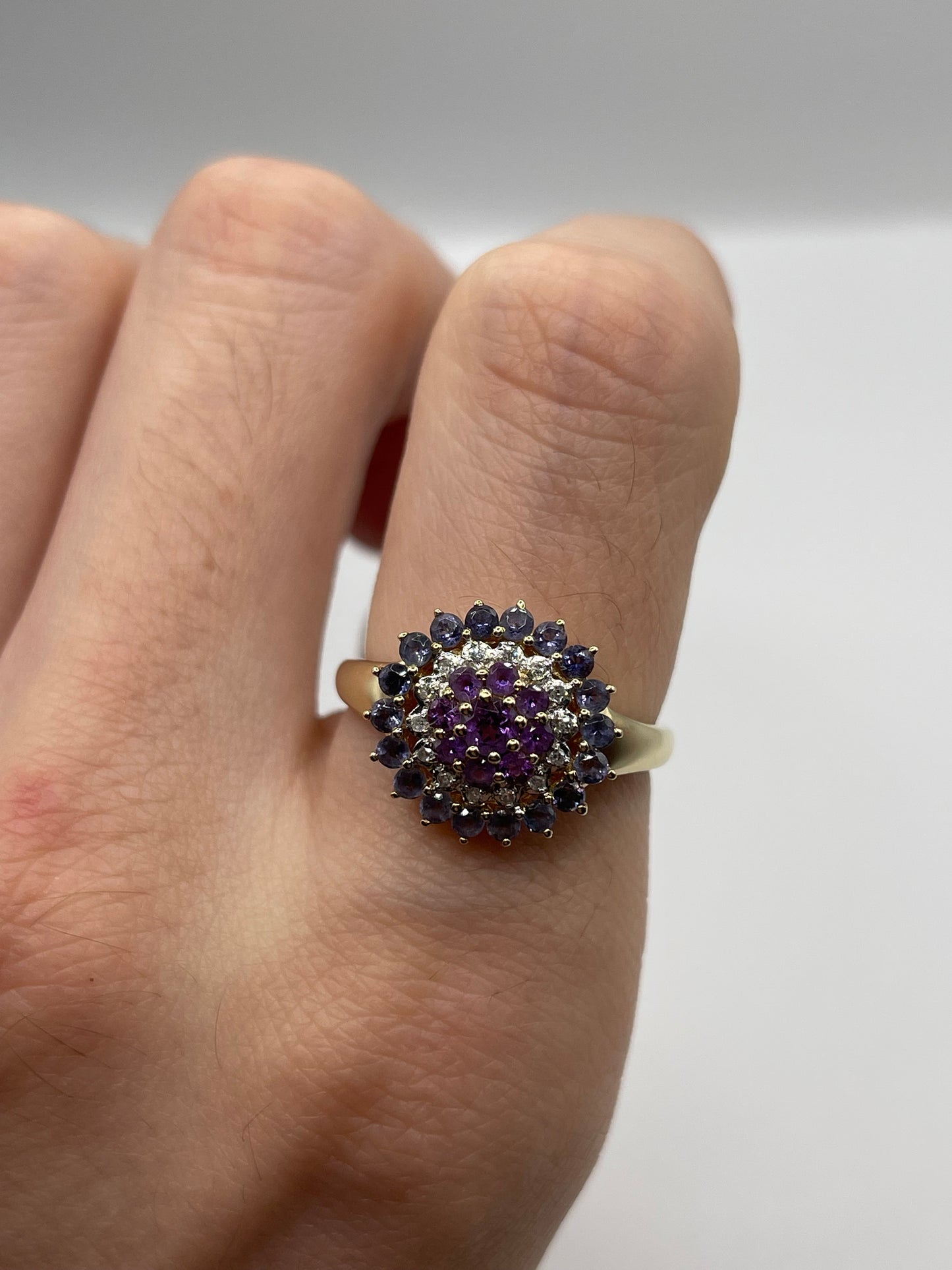 9ct gold amethyst, tanzanite and diamond ring