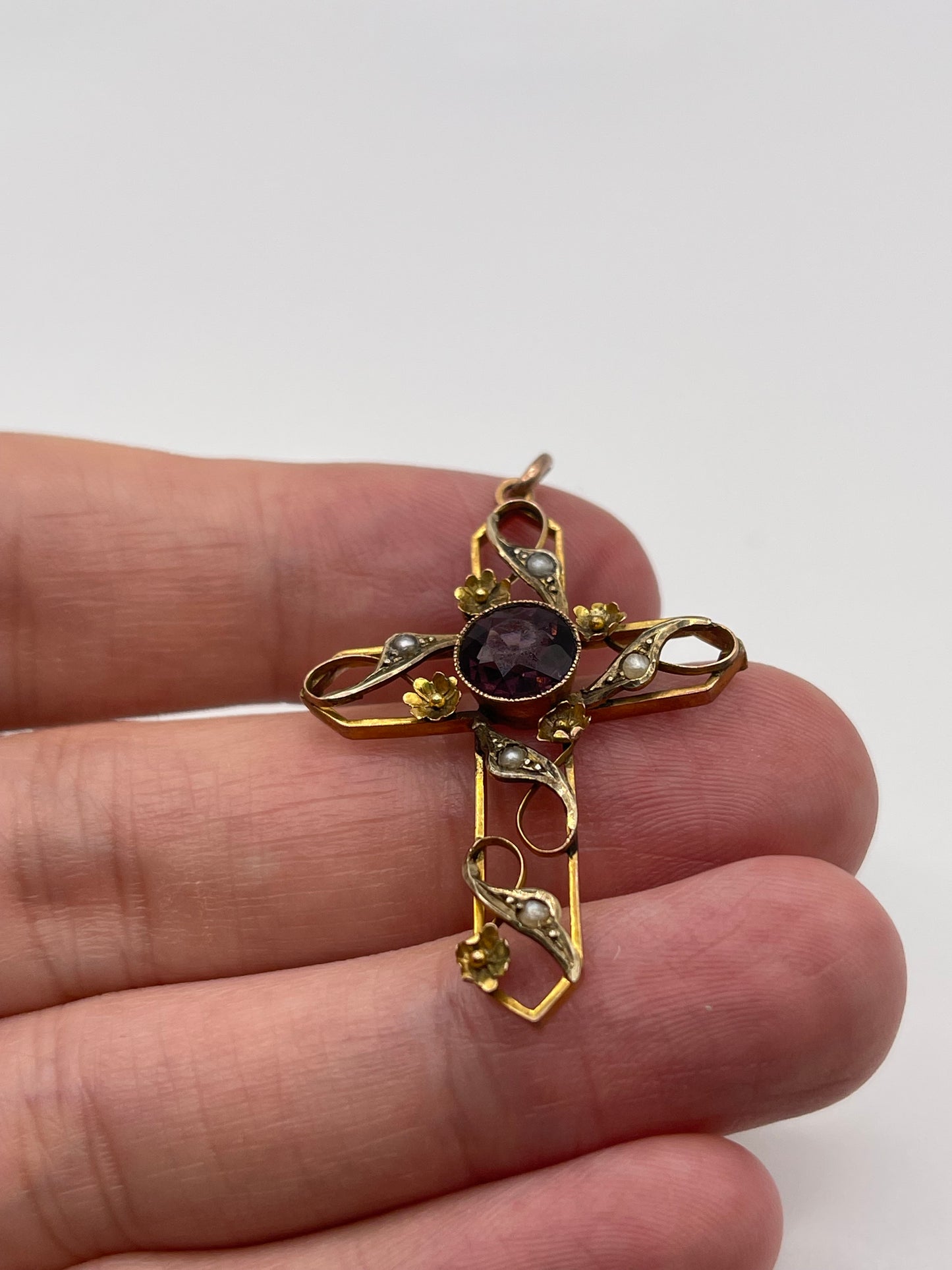 Antique 9ct gold amethyst and pearl cross pendant