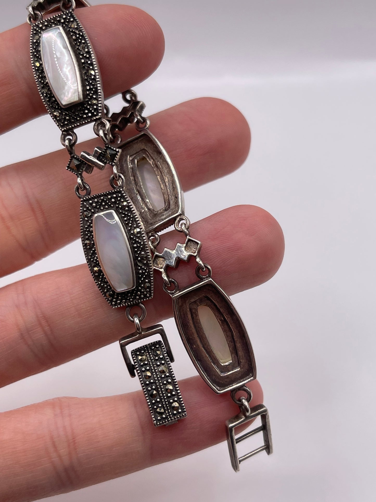 Silver mother of pearl and marcasite bracelet