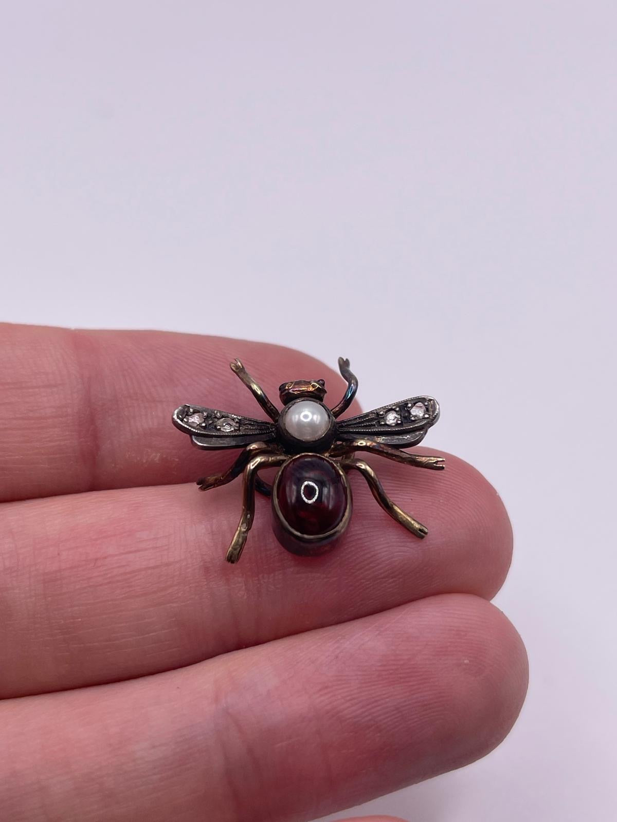 9ct gold and silver diamond, garnet & pearl insect brooch