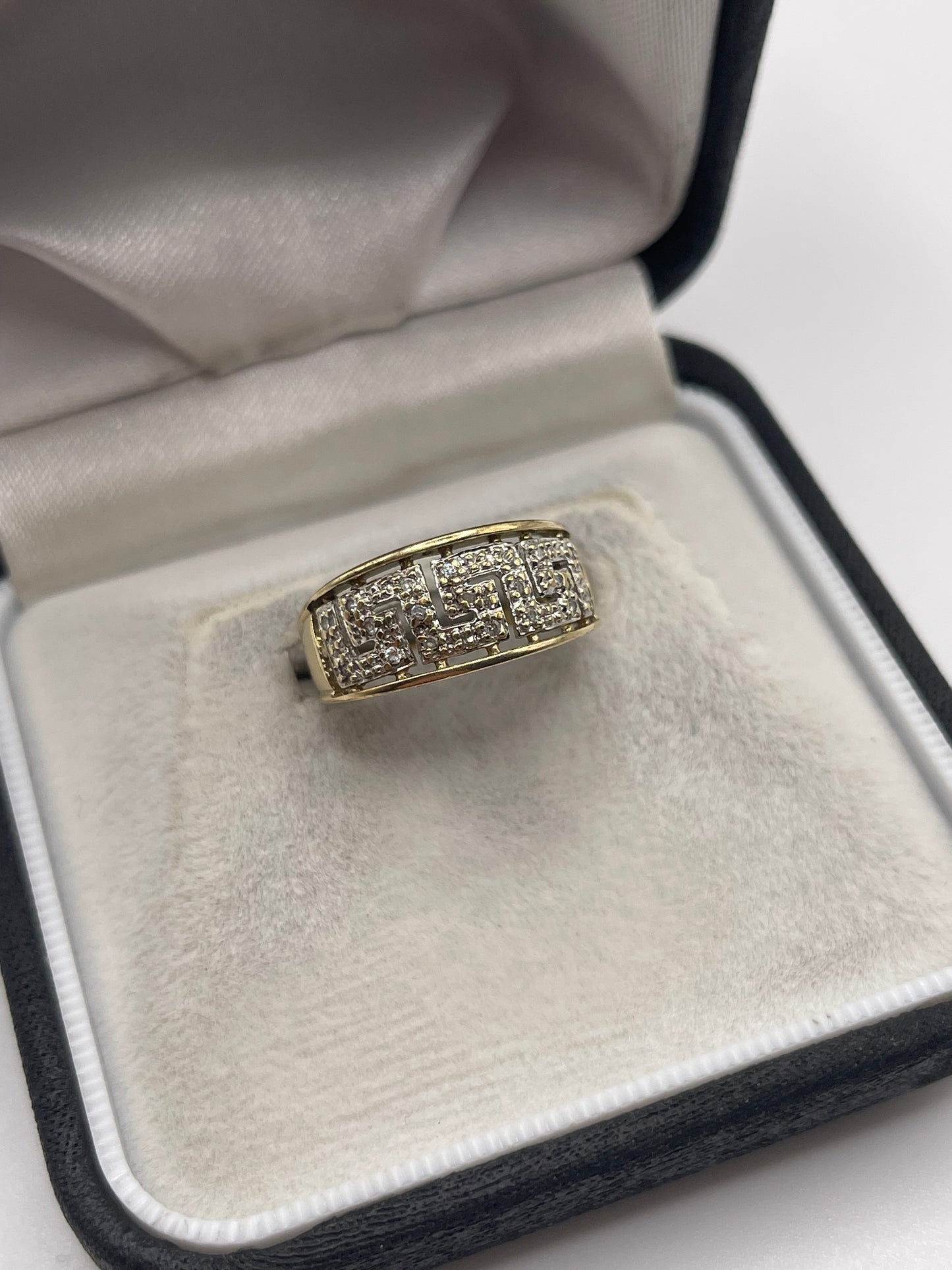 9ct gold diamond Greek key ring
