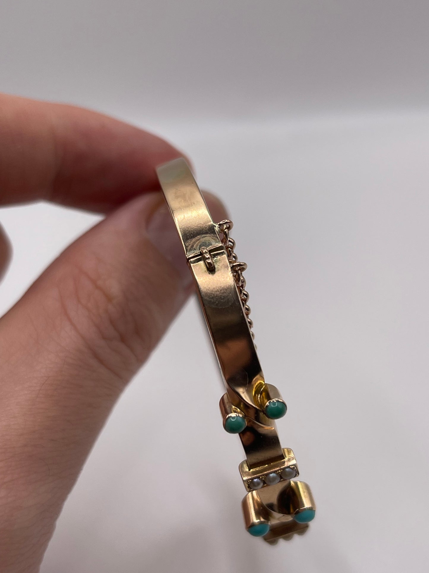 Antique 9ct rose gold turquoise and pearl bangle