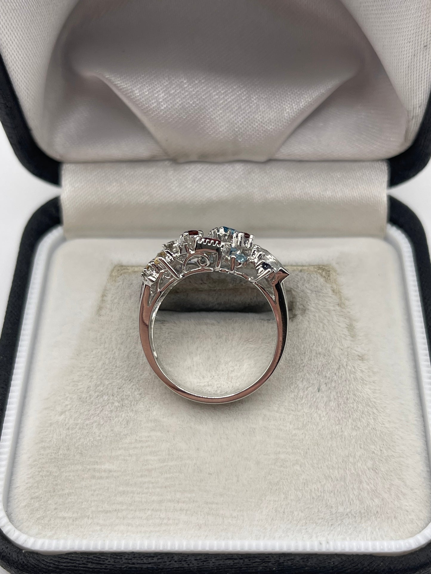 14ct white gold multi gemstone and diamond ring