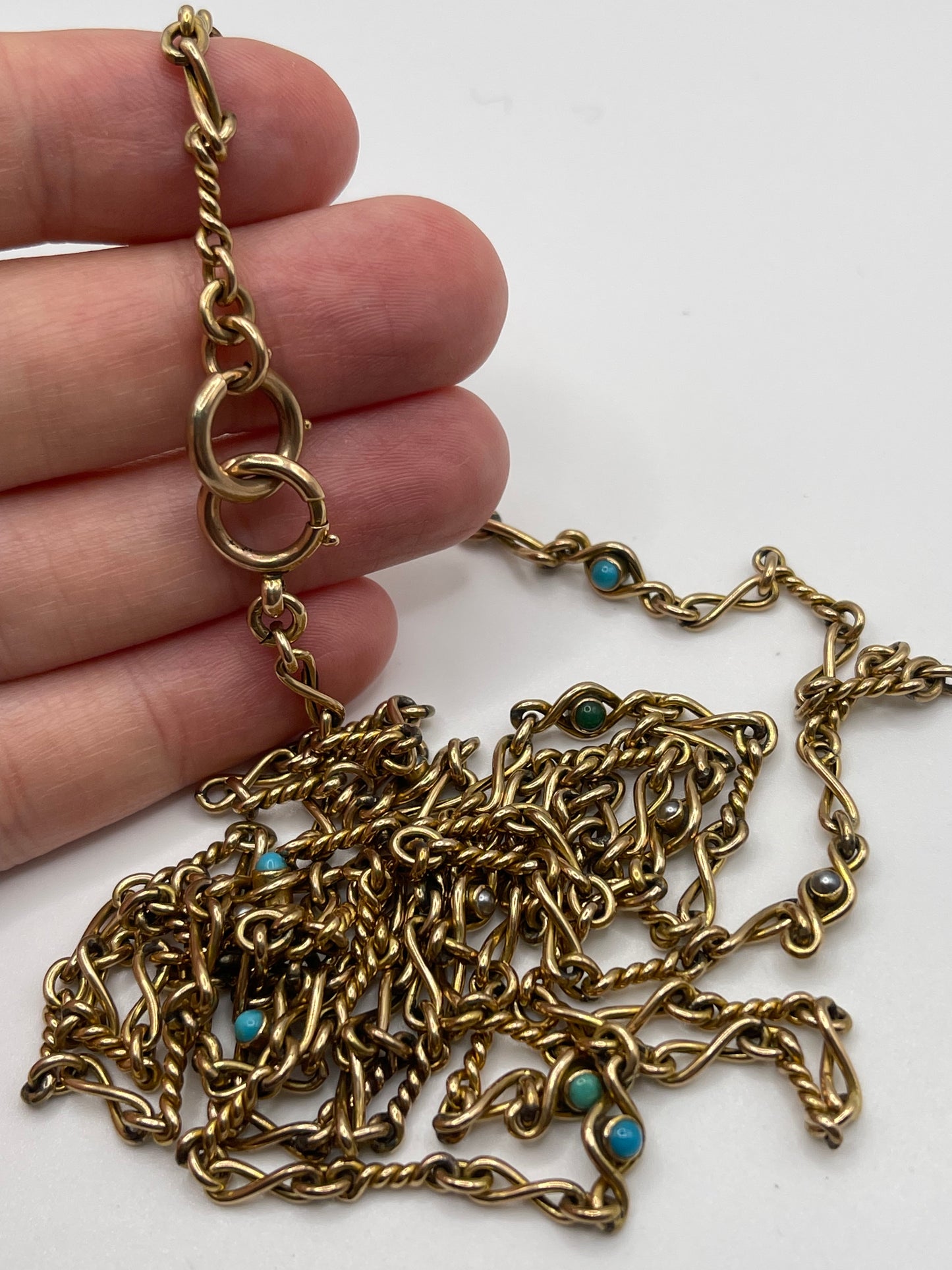 Antique 9ct gold turquoise and pearl chain