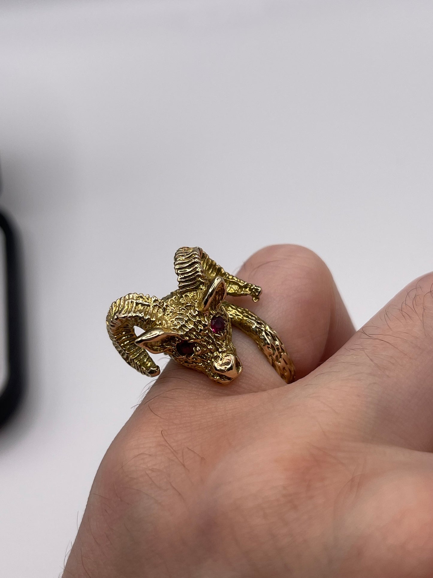 Heavy 9ct gold ruby ram ring