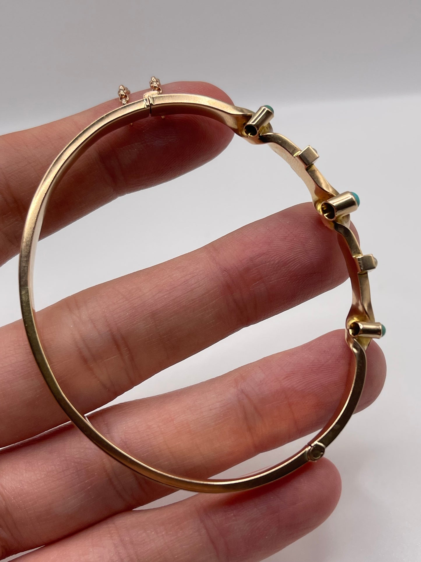 Antique 9ct rose gold turquoise and pearl bangle