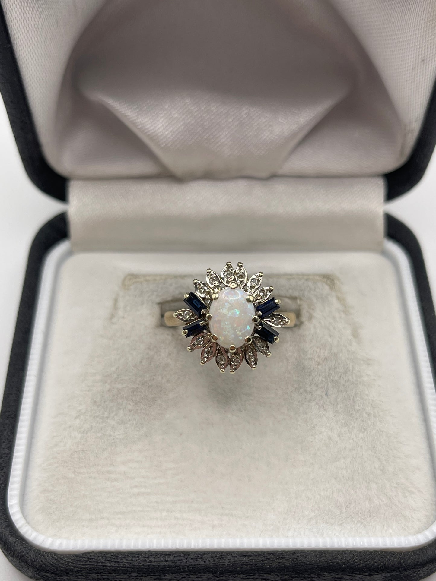 9ct gold opal, sapphire and diamond ring