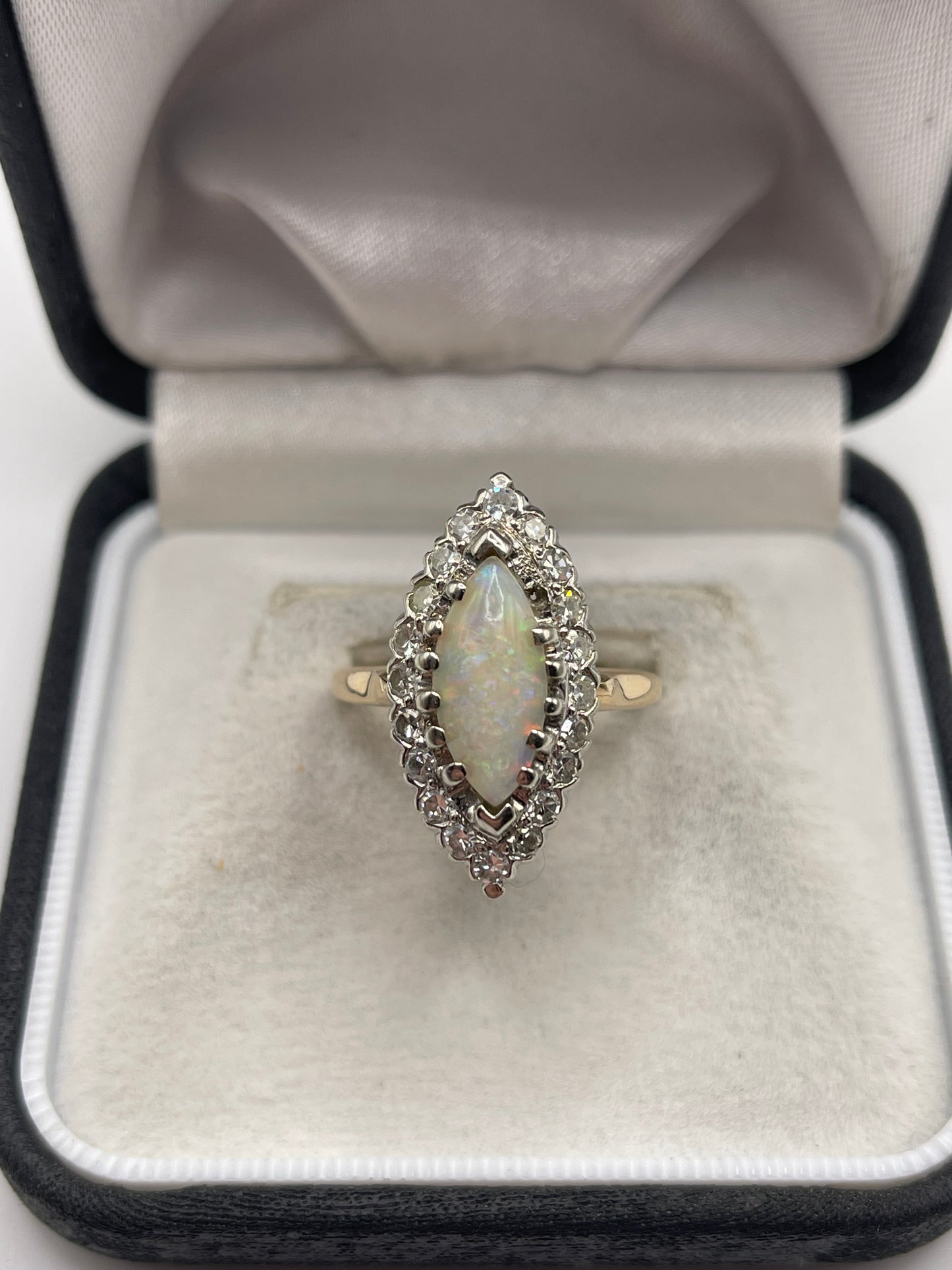 14ct gold opal and diamond navette ring