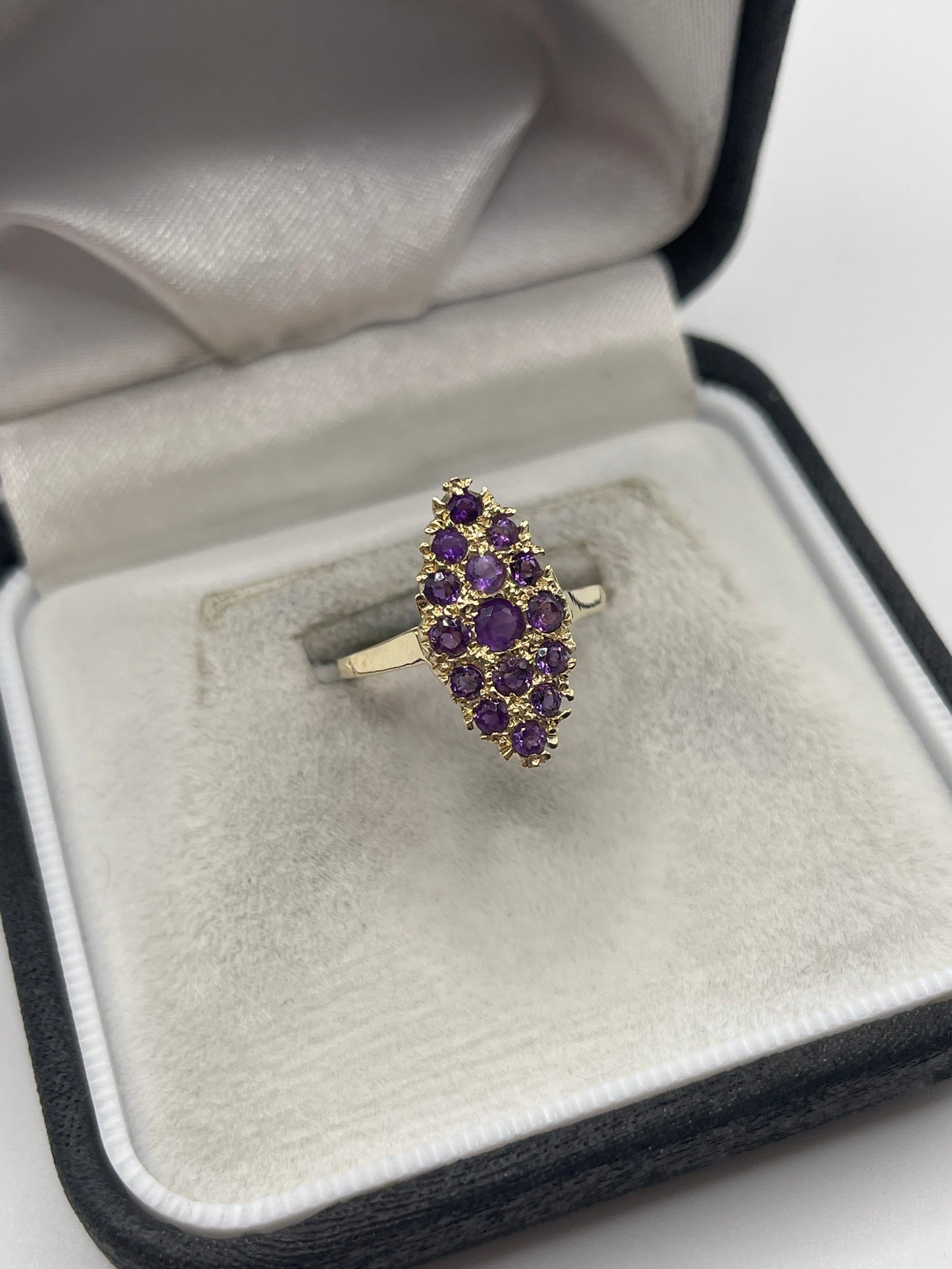 9ct gold amethyst cluster navette ring