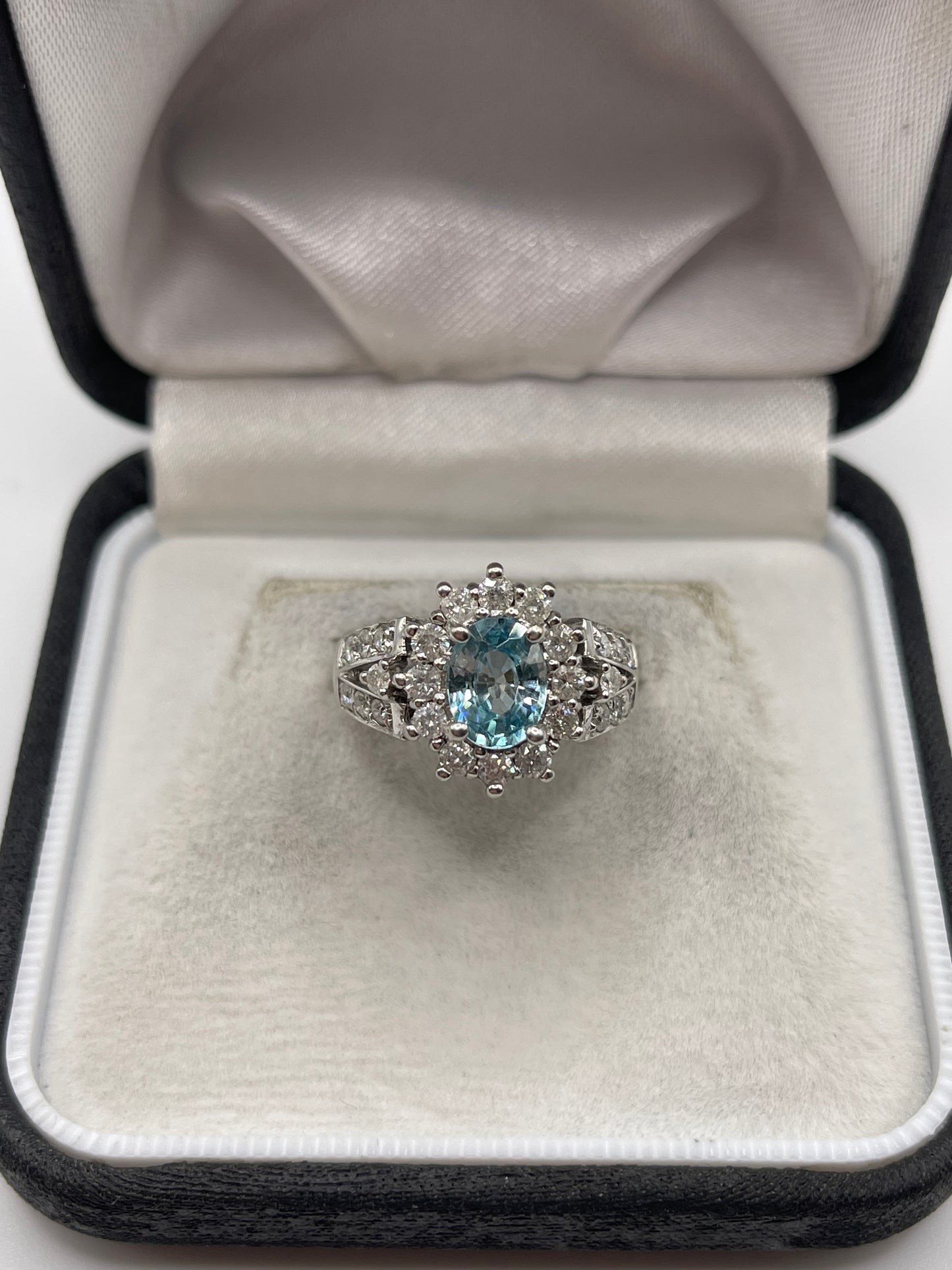 14ct white gold blue zircon and diamond ring