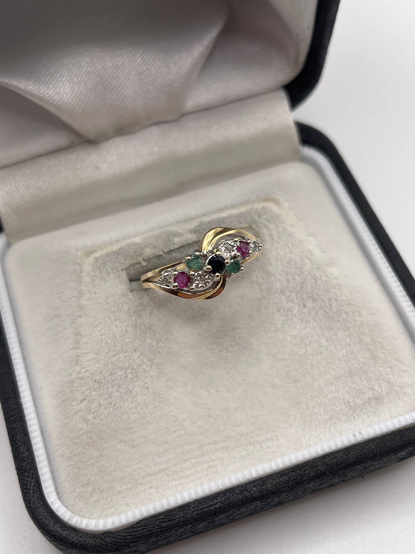 9ct gold ruby, sapphire, emerald and diamond ring