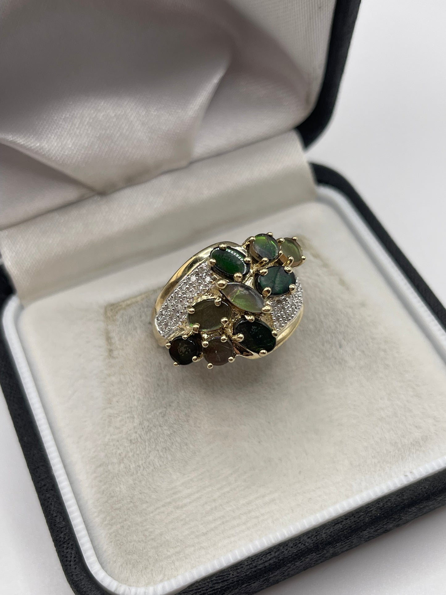 9ct gold ammolite and diamond ring