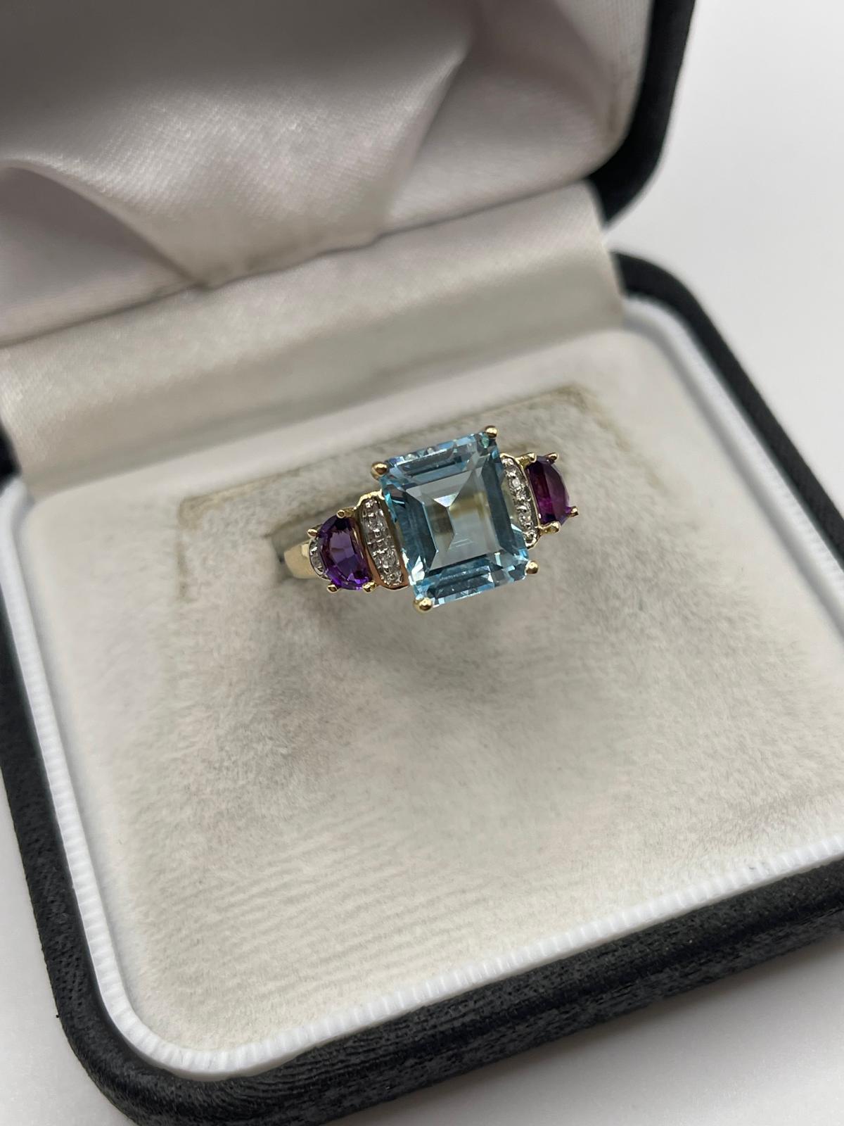 9ct gold topaz, amethyst and diamond ring