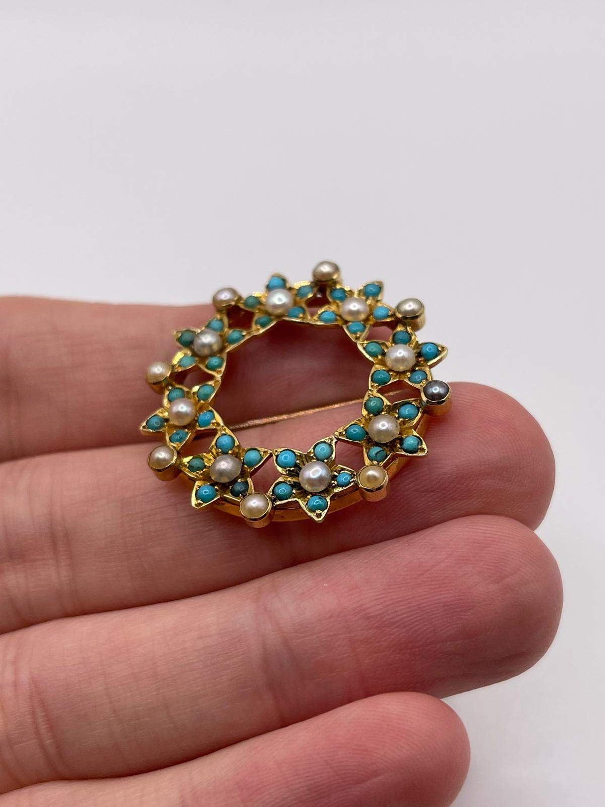 Antique 15ct gold turquoise and pearl brooch
