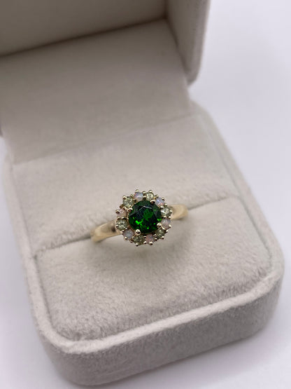 9ct gold diopside, peridot and opal ring