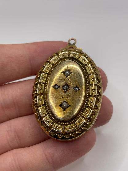 Antique 9ct gold pearl and diamond locket