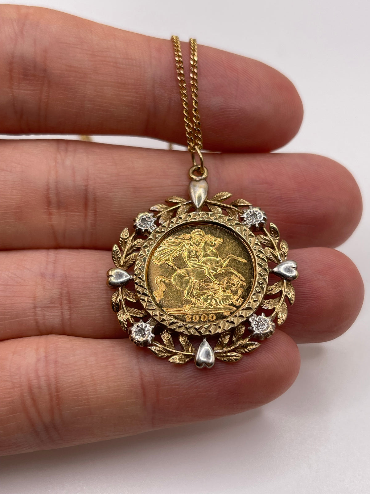 9ct gold diamond 1/2 sovereign necklace