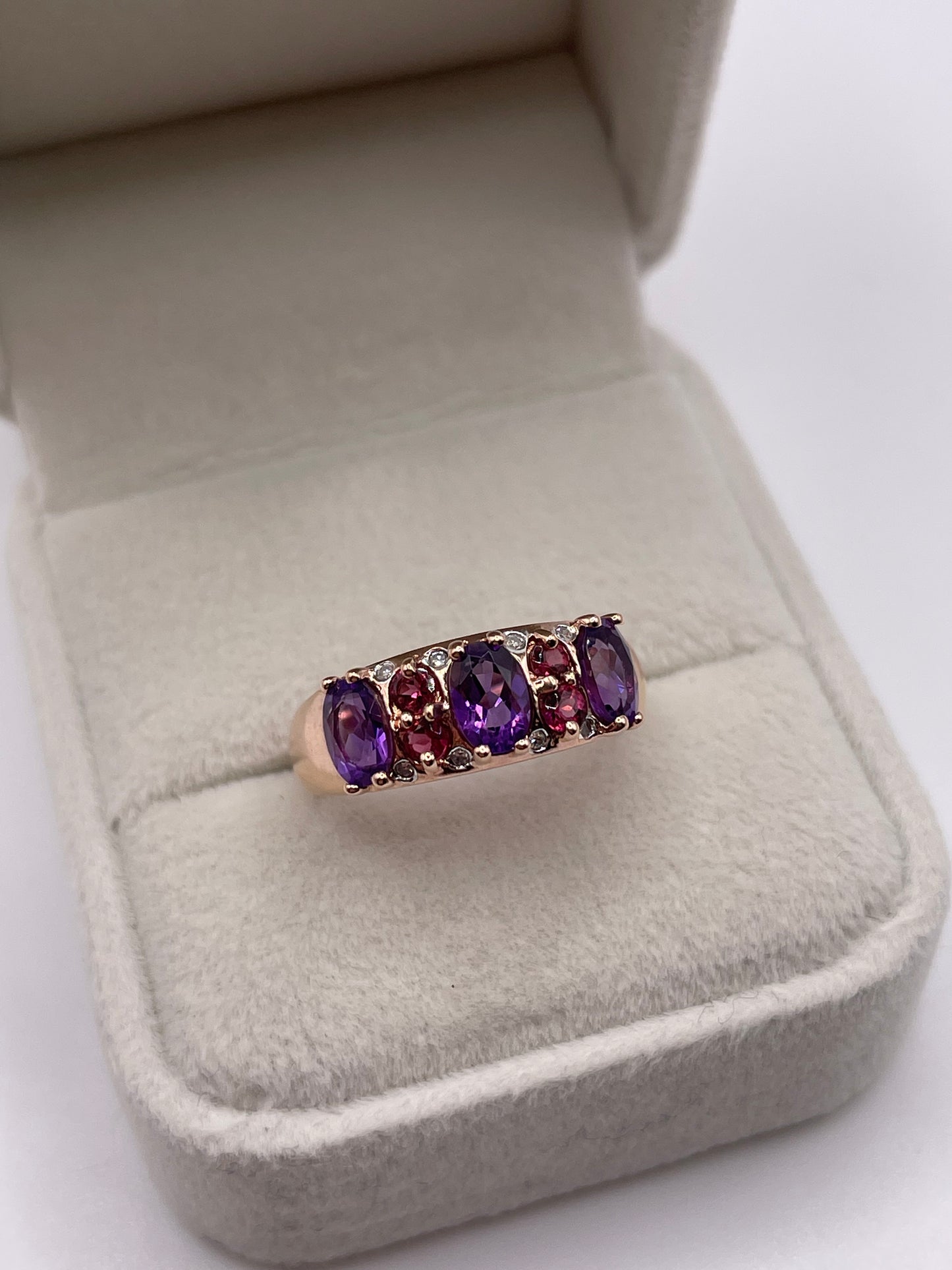 9ct rose gold amethyst, tourmaline and diamond ring