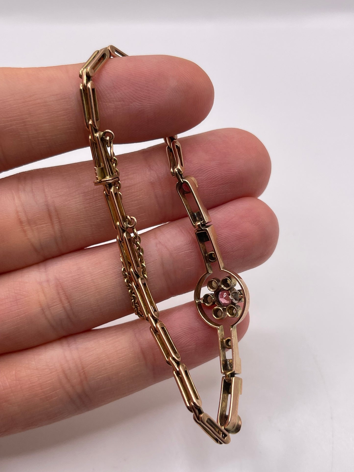 Antique 9ct rose gold topaz and pearl bracelet