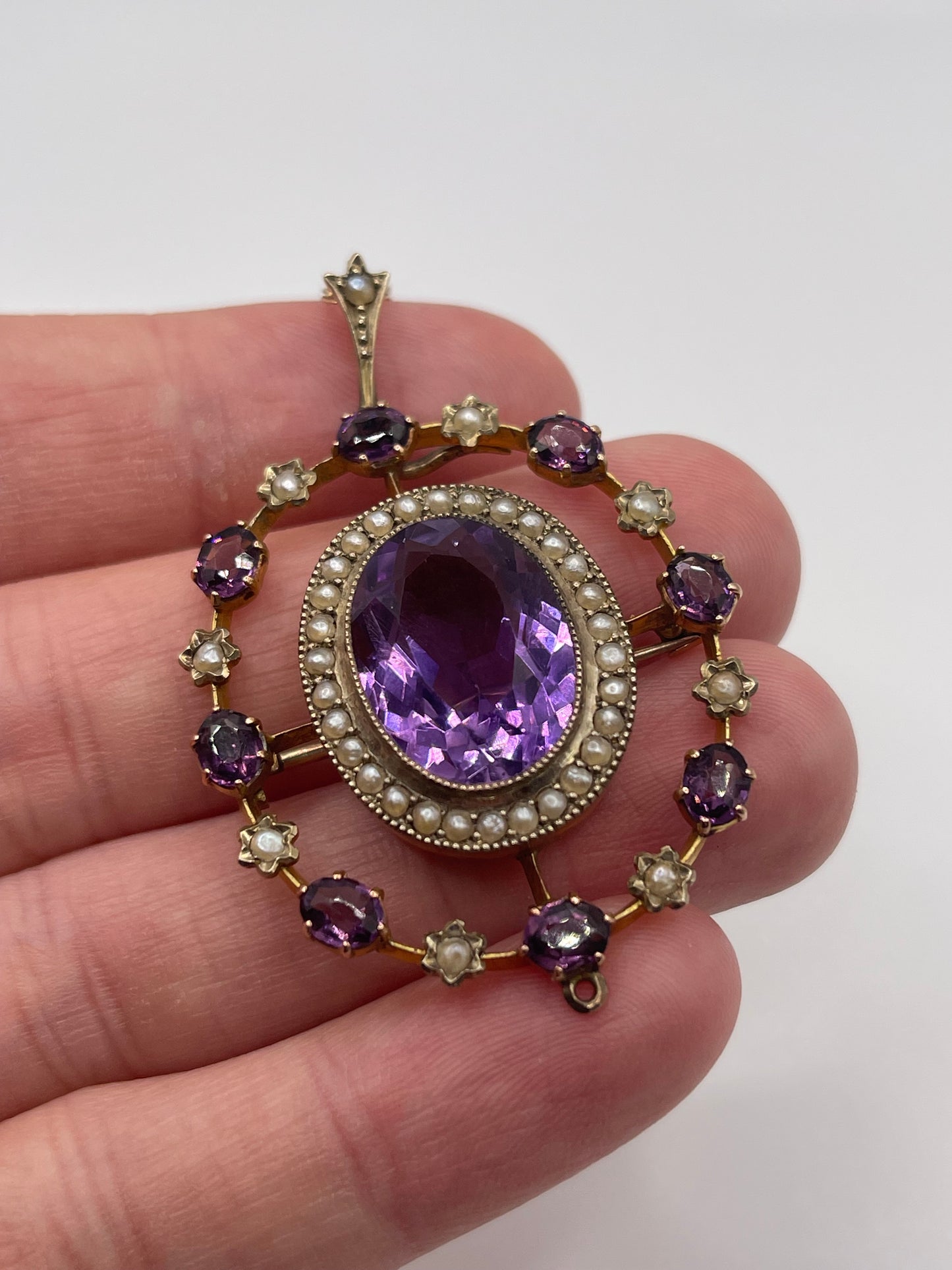 Antique 9ct gold amethyst and pearl necklace