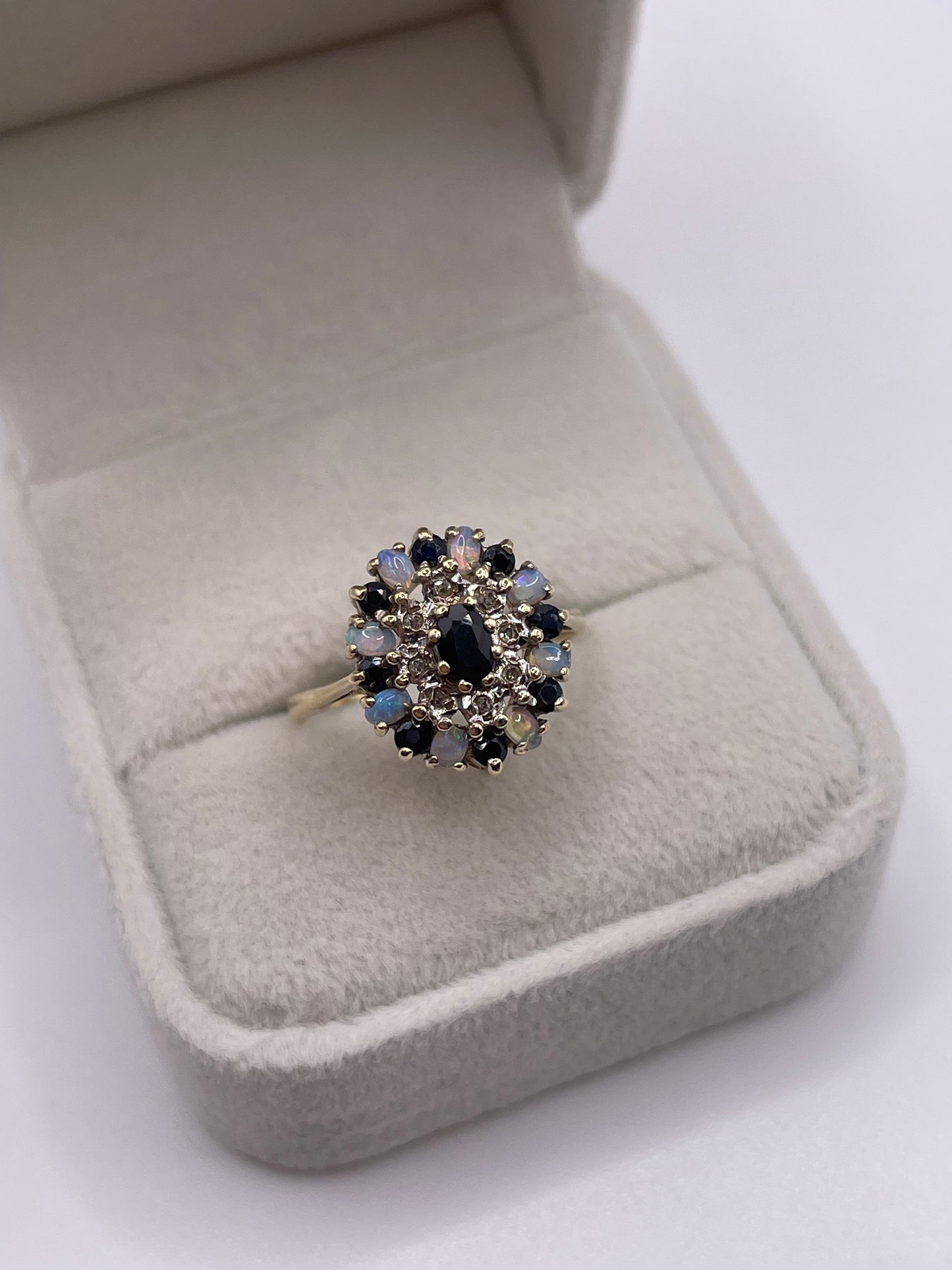 9ct gold opal, sapphire and diamond ring