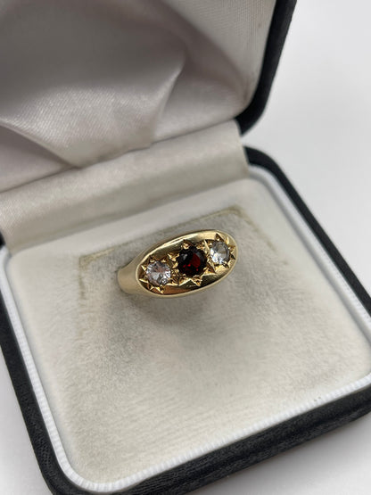 Heavy 9ct gold garnet and cz gypsy ring