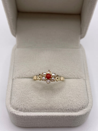 9ct gold coral and pearl ring