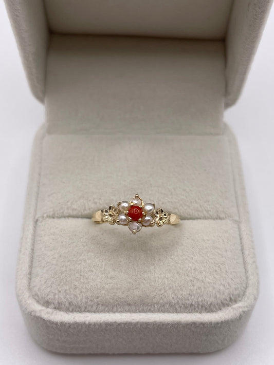 9ct gold coral and pearl ring