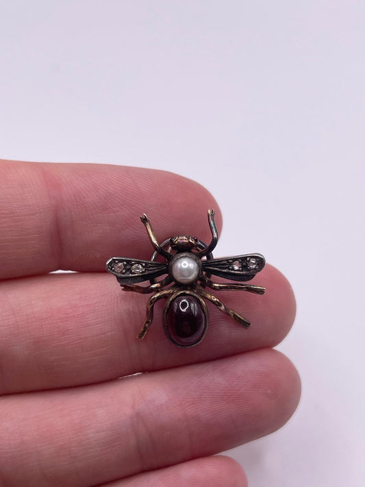 9ct gold and silver diamond, garnet & pearl insect brooch