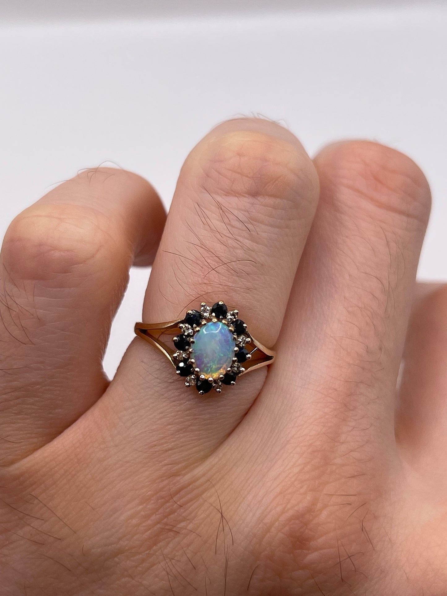 9ct gold opal, sapphire and diamond ring