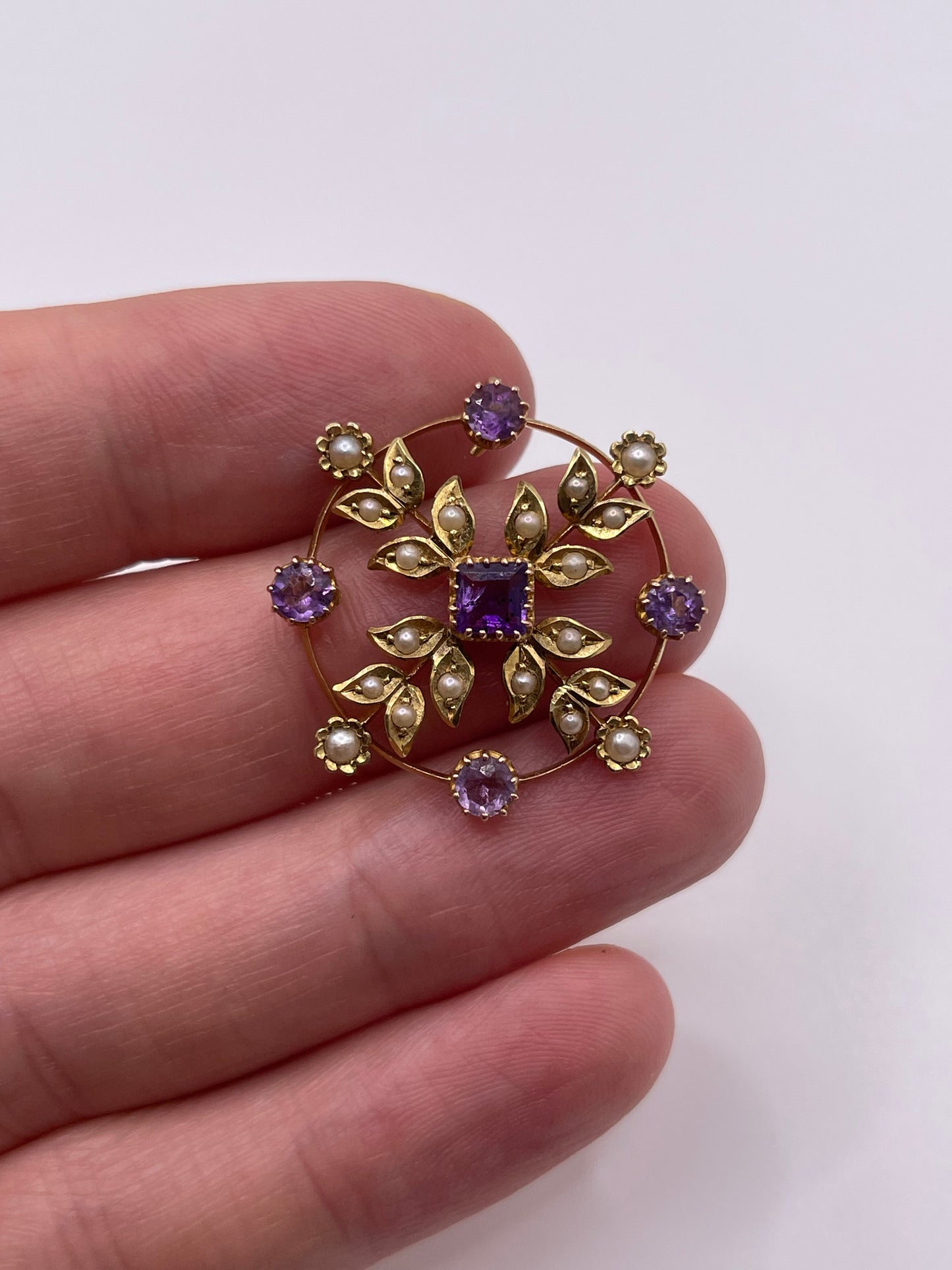 Antique 15ct gold amethyst and pearl pendant