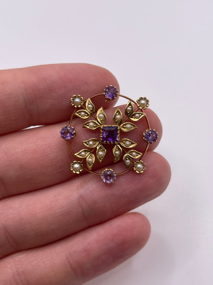 Antique 15ct gold amethyst and pearl pendant