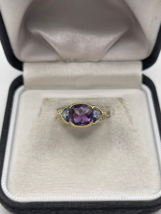 18ct gold amethyst, tanzanite and diamond ring