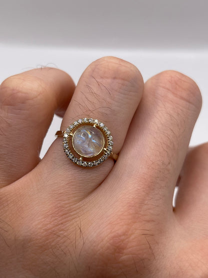 9ct gold moonstone man in the moon and diamond ring