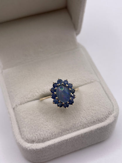 9ct gold black opal triplet and sapphire ring