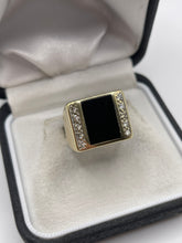 Load image into Gallery viewer, 9ct gold onyx and diamond signet ring
