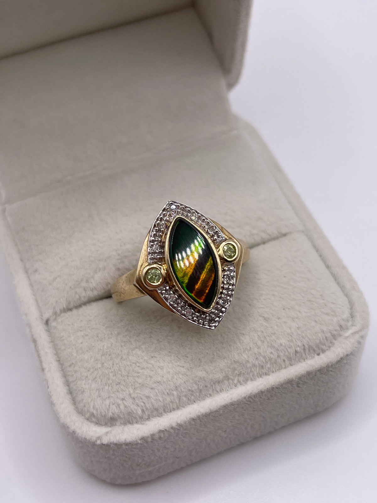 9ct gold Ammolite, peridot and diamond ring
