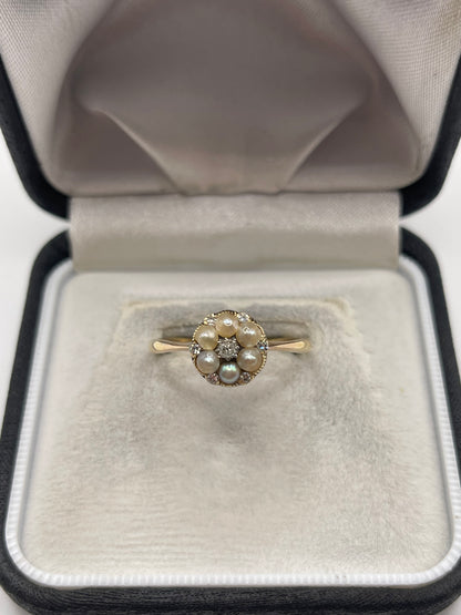 Antique 9ct gold pearl and diamond ring
